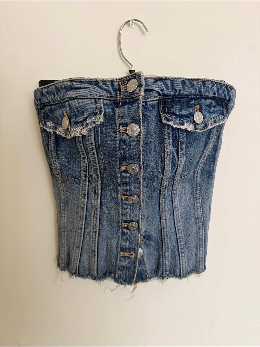 Zara Distressed Blue Denim Strapless Corset Crop Top